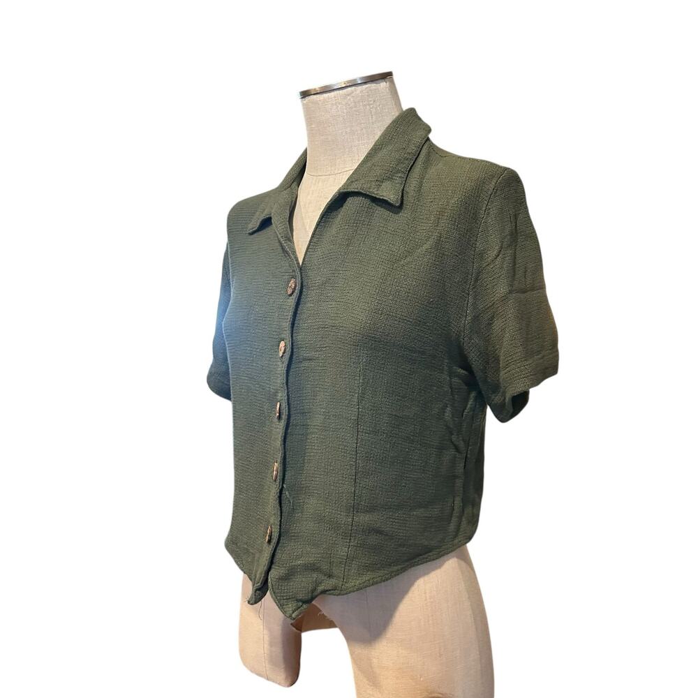 Vintage Green Cropped Button Down Shirt Womens Sz Medium Coastal Cowgirl Cottage - Picture 16 of 16